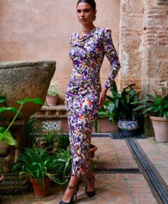 Vestido Polim Estampado Floral Malva