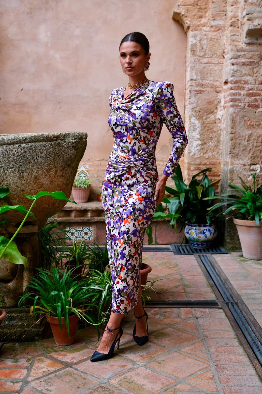 Vestido Polim Estampado Floral Malva